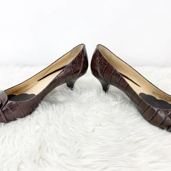 Cole Haan 7 B Womens Brown Print Leather Buckle Pumps Kitten Heels