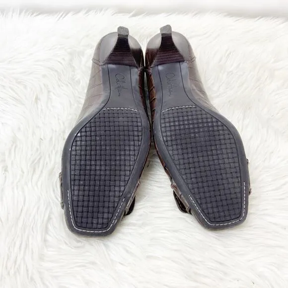 Cole Haan 7 B Womens Brown Print Leather Buckle Pumps Kitten Heels