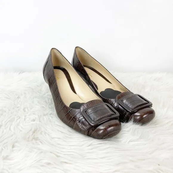 Cole Haan 7 B Womens Brown Print Leather Buckle Pumps Kitten Heels
