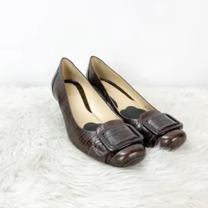 Cole Haan 7 B Womens Brown Print Leather Buckle Pumps Kitten Heels