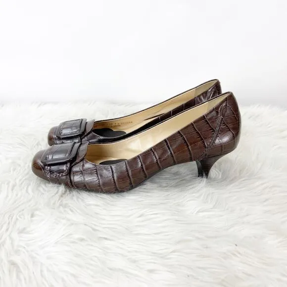 Cole Haan 7 B Womens Brown Print Leather Buckle Pumps Kitten Heels