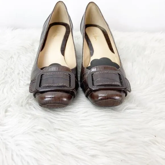 Cole Haan 7 B Womens Brown Print Leather Buckle Pumps Kitten Heels