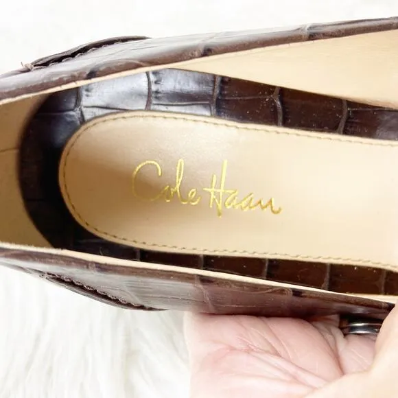 Cole Haan 7 B Womens Brown Print Leather Buckle Pumps Kitten Heels