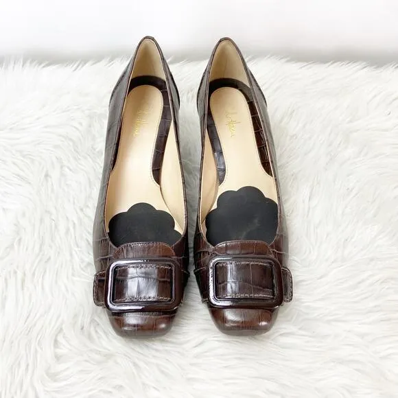 Cole Haan 7 B Womens Brown Print Leather Buckle Pumps Kitten Heels