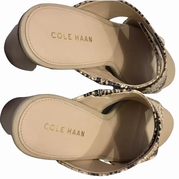 Cole Haan Dakota Snakeskin Printed Crisscross Block Heel Slip On Sandal Mules