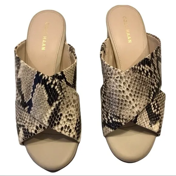 Cole Haan Dakota Snakeskin Printed Crisscross Block Heel Slip On Sandal Mules
