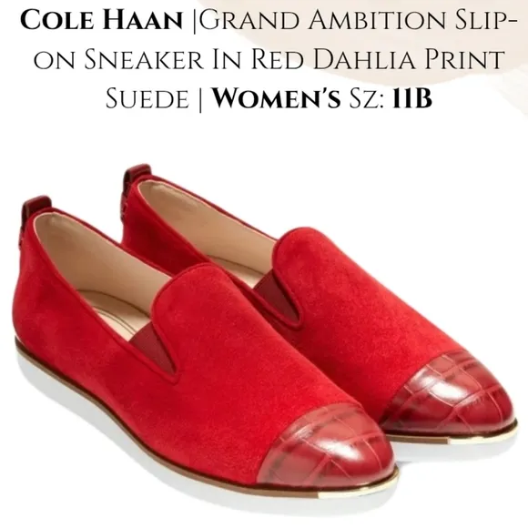 Cole Haan Grand Ambition Slip-on Sneaker Red Dahlia Print Suede Size 11B EUC