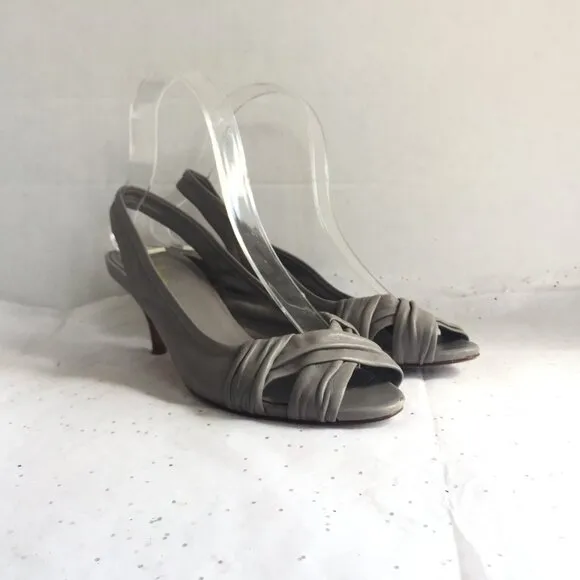 Cole Haan Gray Criss Cross Peep Toe Leather Sling Back Kitten Heels - Size 7 Y2K