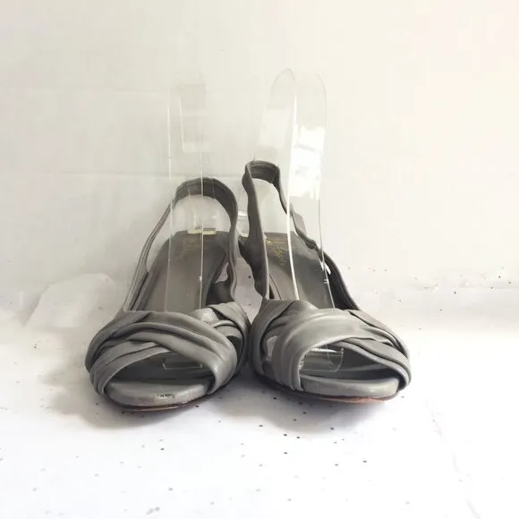 Cole Haan Gray Criss Cross Peep Toe Leather Sling Back Kitten Heels - Size 7 Y2K