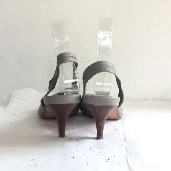 Cole Haan Gray Criss Cross Peep Toe Leather Sling Back Kitten Heels - Size 7 Y2K