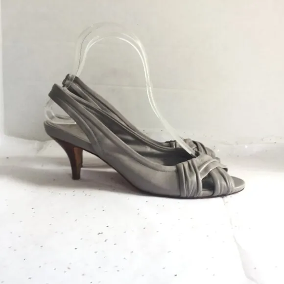 Cole Haan Gray Criss Cross Peep Toe Leather Sling Back Kitten Heels - Size 7 Y2K