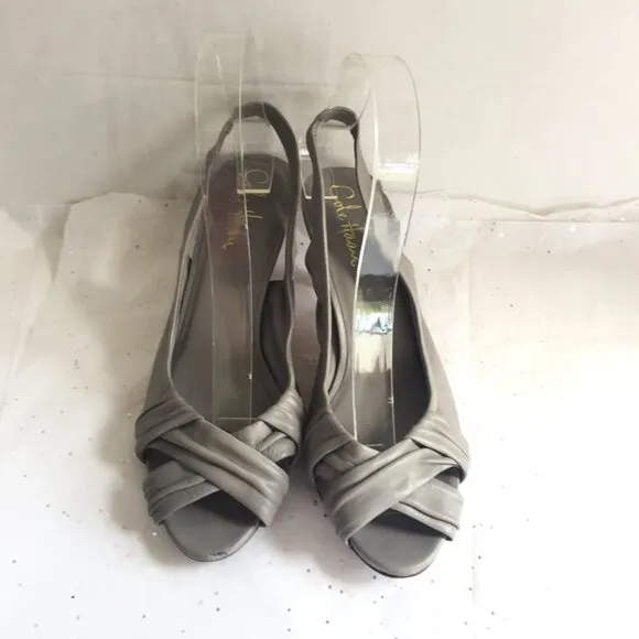 Cole Haan Gray Criss Cross Peep Toe Leather Sling Back Kitten Heels - Size 7 Y2K