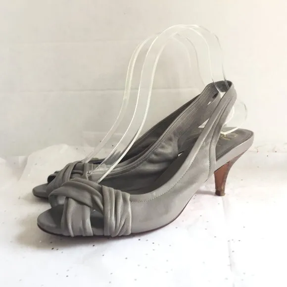 Cole Haan Gray Criss Cross Peep Toe Leather Sling Back Kitten Heels - Size 7 Y2K