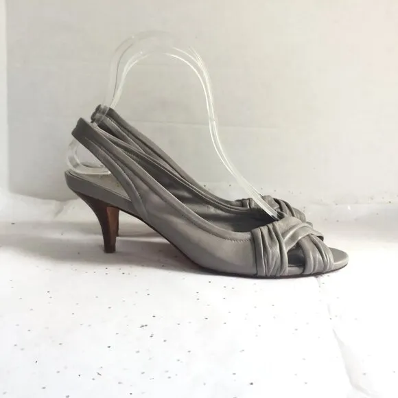 Cole Haan Gray Criss Cross Peep Toe Leather Sling Back Kitten Heels - Size 7 Y2K