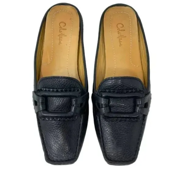 Cole Haan Jaiden Black Pebbled Leather Buckle Flat Loafer Mules - Size 7