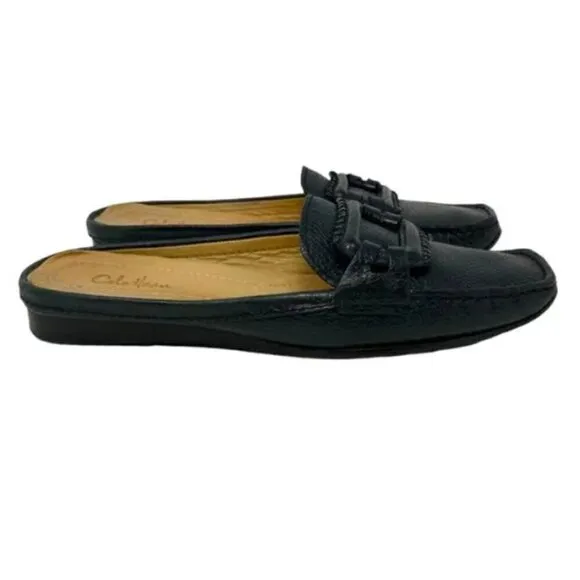 Cole Haan Jaiden Black Pebbled Leather Buckle Flat Loafer Mules - Size 7