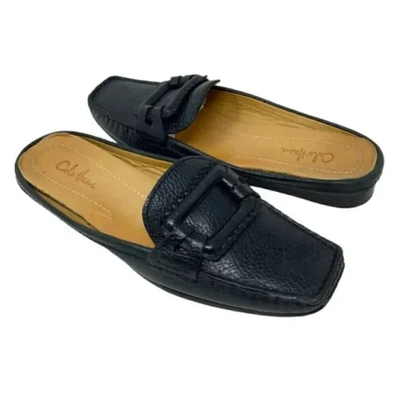 Cole Haan Jaiden Black Pebbled Leather Buckle Flat Loafer Mules - Size 7