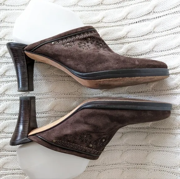 Cole Haan Leather Mules Slip On Heels Shoes 9 Brown Studded Grommets