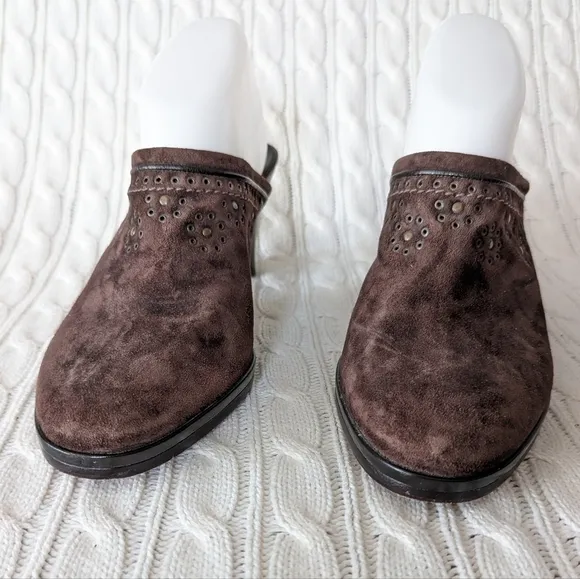 Cole Haan Leather Mules Slip On Heels Shoes 9 Brown Studded Grommets