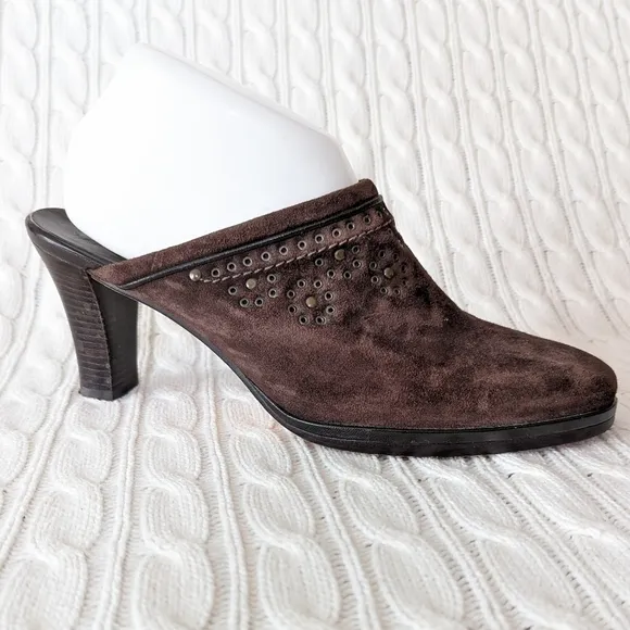 Cole Haan Leather Mules Slip On Heels Shoes 9 Brown Studded Grommets