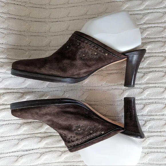 Cole Haan Leather Mules Slip On Heels Shoes 9 Brown Studded Grommets