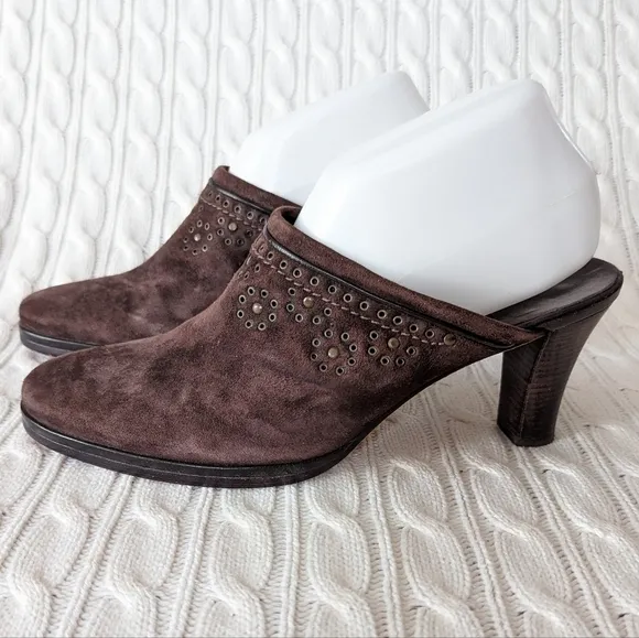 Cole Haan Leather Mules Slip On Heels Shoes 9 Brown Studded Grommets