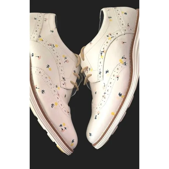 Cole Haan Leather Oxfords  Grand White Wingtip  Floral Print Women’s Size 6B