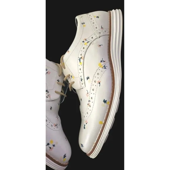 Cole Haan Leather Oxfords  Grand White Wingtip  Floral Print Women’s Size 6B