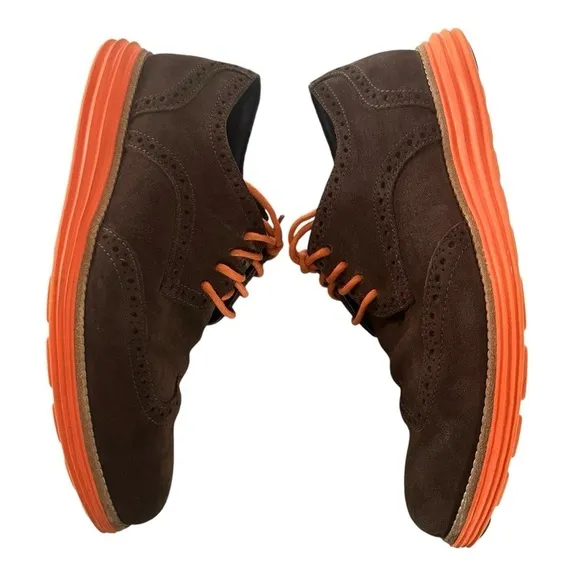 COLE HAAN LUNAR GRAND WINGTIP SUEDE BROWN AND ORANGE OXFORD SIZE 9