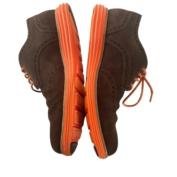 COLE HAAN LUNAR GRAND WINGTIP SUEDE BROWN AND ORANGE OXFORD SIZE 9