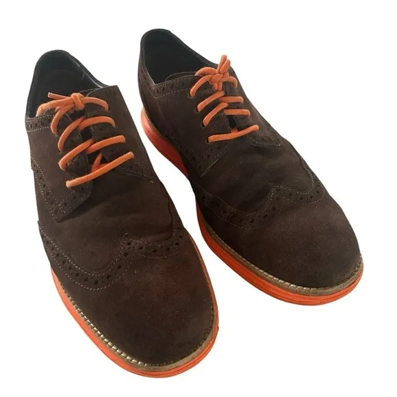 COLE HAAN LUNAR GRAND WINGTIP SUEDE BROWN AND ORANGE OXFORD SIZE 9