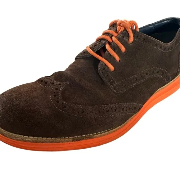 COLE HAAN LUNAR GRAND WINGTIP SUEDE BROWN AND ORANGE OXFORD SIZE 9