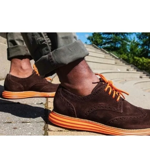 COLE HAAN LUNAR GRAND WINGTIP SUEDE BROWN AND ORANGE OXFORD SIZE 9