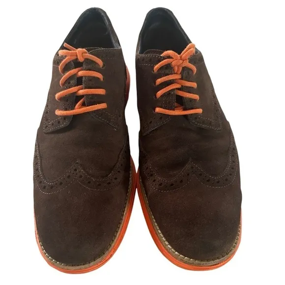 COLE HAAN LUNAR GRAND WINGTIP SUEDE BROWN AND ORANGE OXFORD SIZE 9