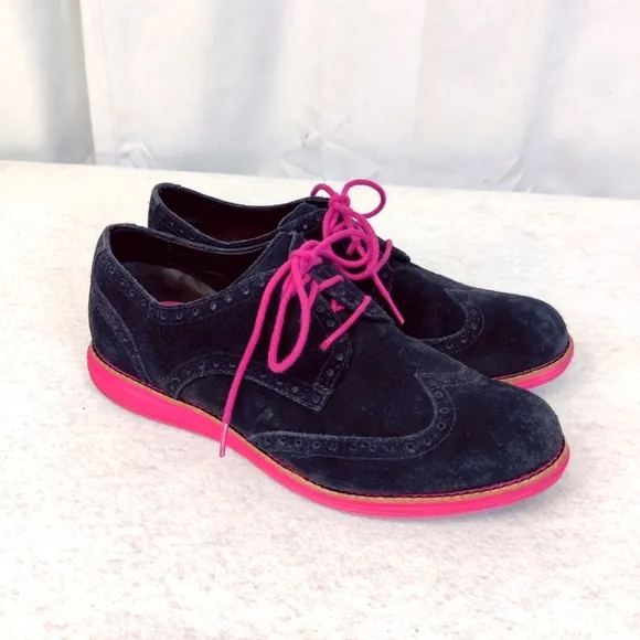 Cole Haan LunarGrand Sz 8 Black &amp; Pink Wingtip Brogue Suede Leather Oxfords