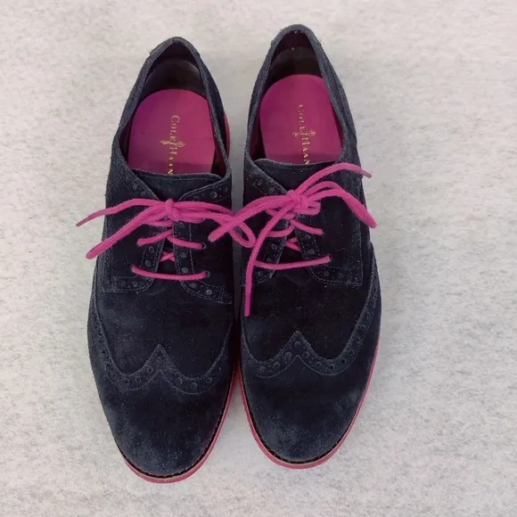 Cole Haan LunarGrand Sz 8 Black &amp; Pink Wingtip Brogue Suede Leather Oxfords