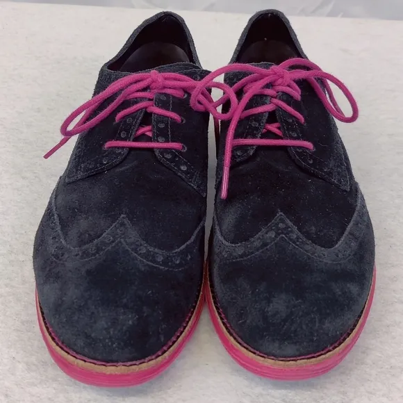 Cole Haan LunarGrand Sz 8 Black &amp; Pink Wingtip Brogue Suede Leather Oxfords