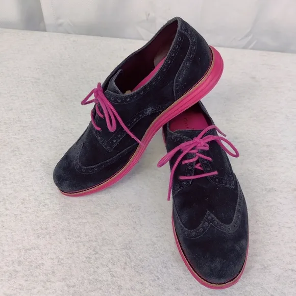 Cole Haan LunarGrand Sz 8 Black &amp; Pink Wingtip Brogue Suede Leather Oxfords