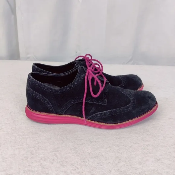 Cole Haan LunarGrand Sz 8 Black &amp; Pink Wingtip Brogue Suede Leather Oxfords