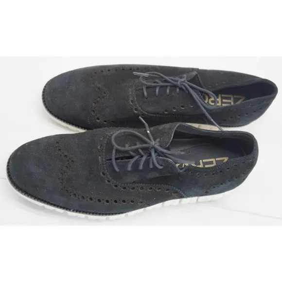 Cole Haan Mens ZeroGrand Size 10.5 Shoes Black Suede Oxford Wingtip Preppy