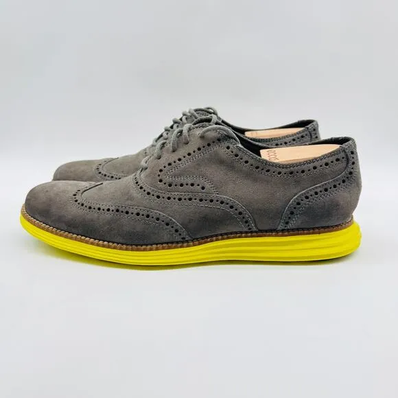 Cole Haan Oxfords Mens 9.5 Gray Leather Lunargrand Yellow Wingtip Casual Shoes