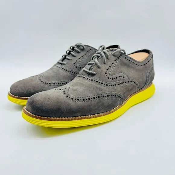 Cole Haan Oxfords Mens 9.5 Gray Leather Lunargrand Yellow Wingtip Casual Shoes