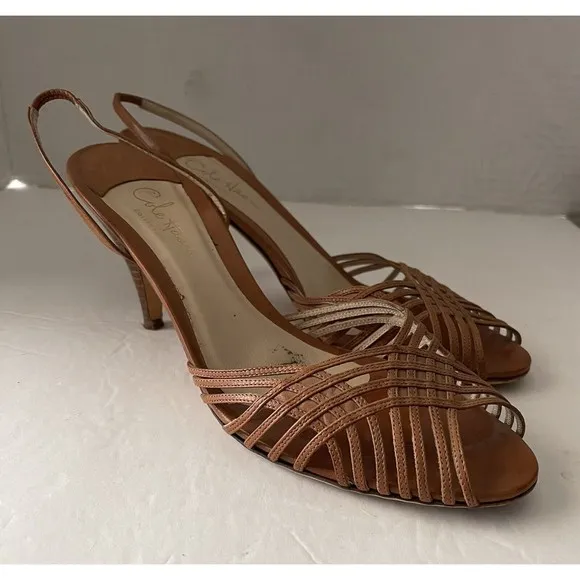 Cole Haan Slingback Heels Womens 9.5 Wood Heel Italy Used Leather Woven