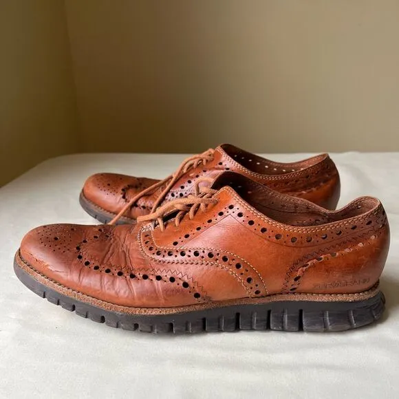 Cole Haan ZERØGRAND Leather Wingtip Brogue Oxfords in Cognac Men's 9