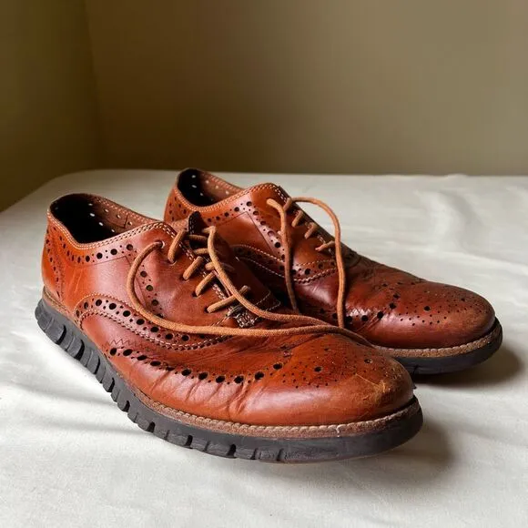 Cole Haan ZERØGRAND Leather Wingtip Brogue Oxfords in Cognac Men's 9