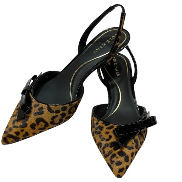 COLE HANN NOELLA BOW CALF HAIR LEOPARD PRINT SLINGBACK PUMPS SZ 8 B NEW!