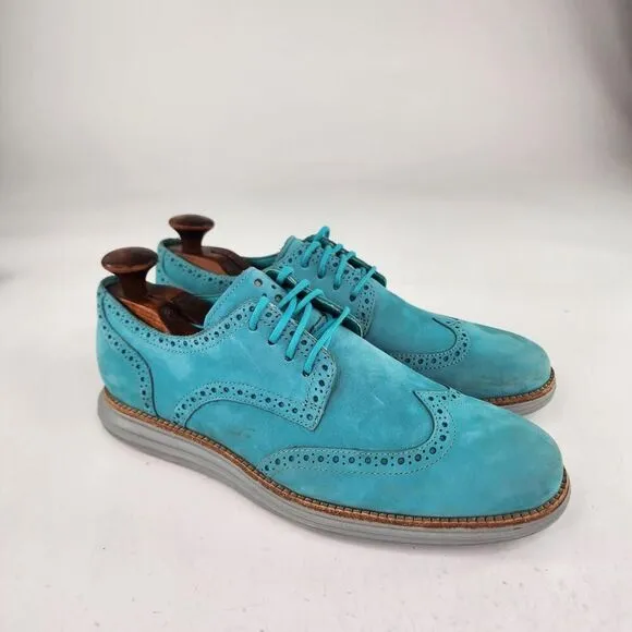 Cole Haan Lunargrand Oxfords US 9.5 M Turquoise Blue Laser Wingtip Dress Shoes