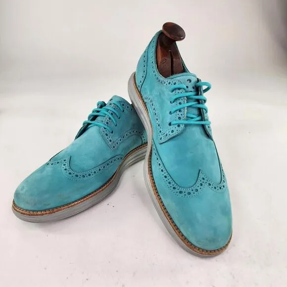 Cole Haan Lunargrand Oxfords US 9.5 M Turquoise Blue Laser Wingtip Dress Shoes