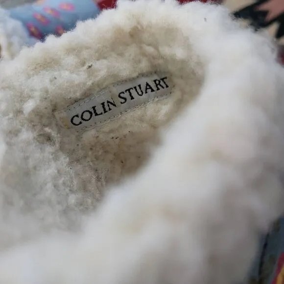 Colin Stuart Leather Embroidered Platform Wooden Clogs Sz 7 Blue Faux Shearling