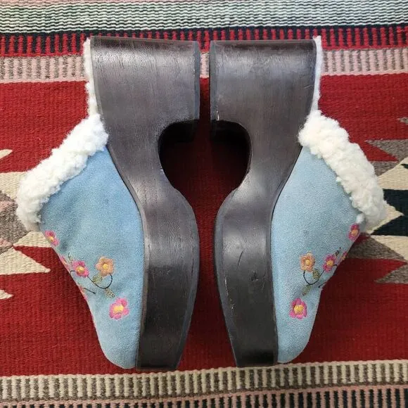 Colin Stuart Leather Embroidered Platform Wooden Clogs Sz 7 Blue Faux Shearling